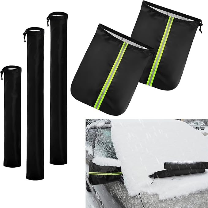5 PCS Car Mirror Covers and Windshield Wiper Covers, Rearview Mirror Wiper Snow Covers Dust and Frost Protectors, Car Exterior Protection Accessories, Universal for Most Cars (Black)