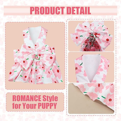 Dog Dress Bowknot Harness Leash Set for Small Girl Dogs Pink Floral Dog Cat Clothes Cute Puppy Outfits Pet Clothes Spring Summer Breathable Dresses(Samll)