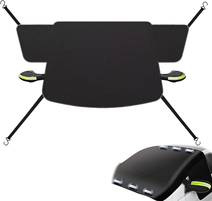Ultra Wide Design and Thick Car Windshield Snow Cover - All-Weather Anti Frost, Anti Snow and Sun Protection, with Magnetic and Strap Fixation (Green Reflective Strip)