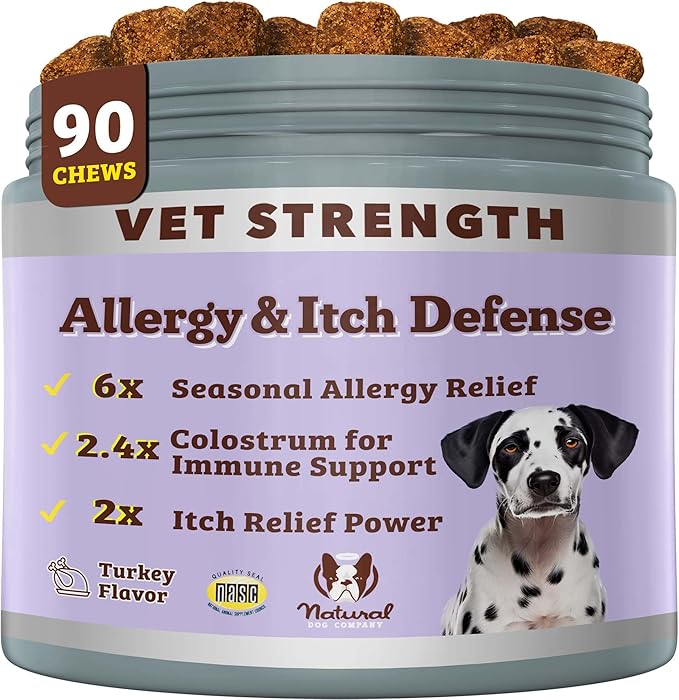 Allergy & Itchy Defense Chews 90 ct, Vet Strength High-Concentration Dog Allergy Relief with 2.4X Colostrum,2X Salmon Oil & 1.5X Probiotics, Supports Immune,Coat & Gut Health