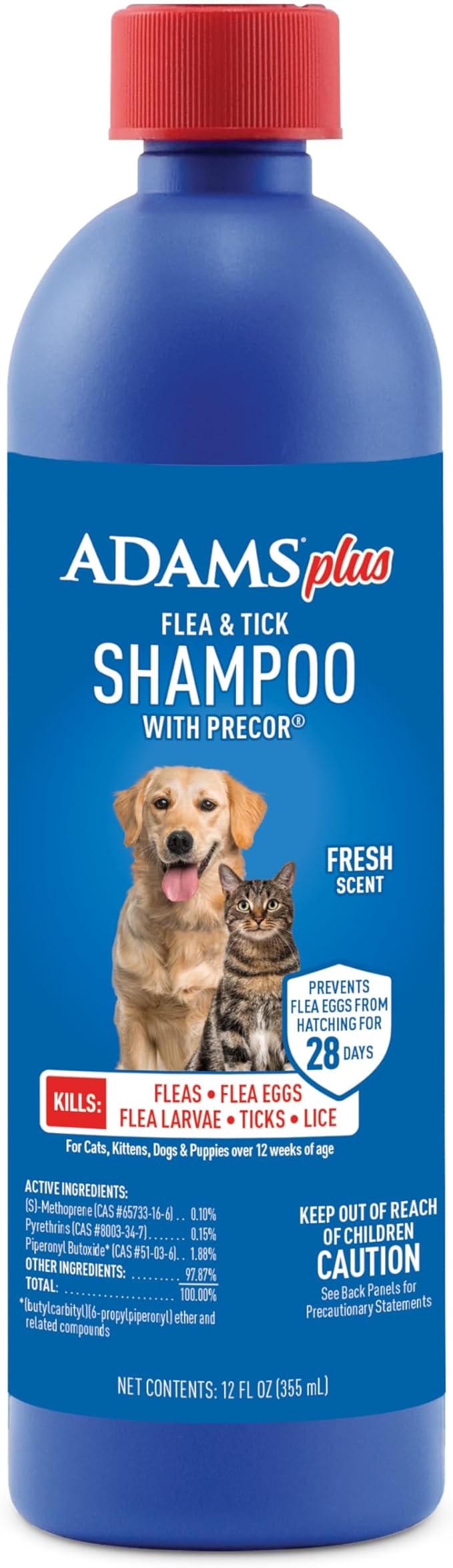 ADAMS Plus Flea and Tick Shampoo with Precor for Dogs, Cats, Puppies & Kittens, Treats Infestations, Kills Ticks, Flea Eggs & Lice, Cleans and Conditions Coat, 12 oz
