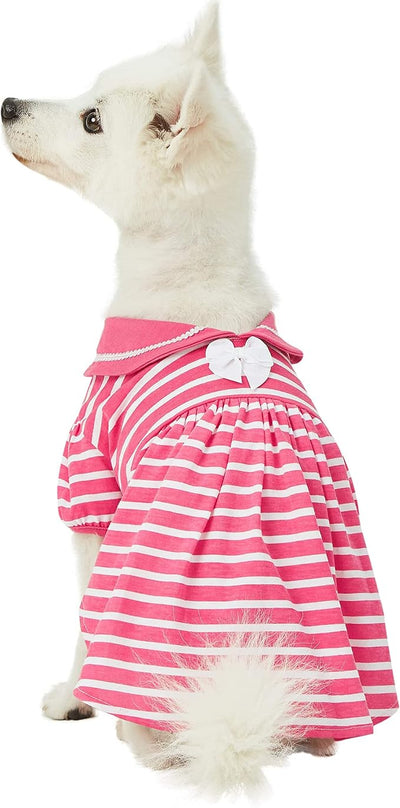 Blueberry Pet Sea Lover Rose Pink Striped Cotton Blend Dog Dress with Bowtie, Back Length 10", Pack of 1 Clothes for Dogs