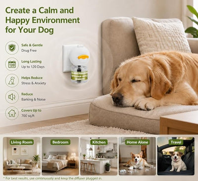 Calming Diffuser for Dog 6 in 1 Kit Appeasing Dog Pheromone Diffuser Kit to Calm (2 Plug in+4 Pack 48ml Refill) for Anxiety Relief Reduce Fighting Barking Stress 120 Day Supply(Tasteless)
