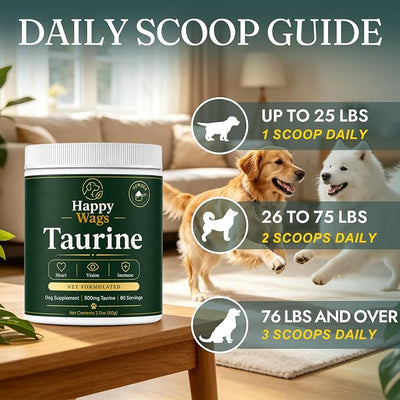 Happy Wags Taurine for Dogs - 500mg Taurine Powder Supplement for Heart, Vision, Immune & Healthy Aging Support, Tasteless Daily Dog Supplement, 100 Grams