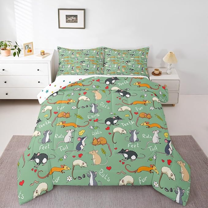 Erosebridal Kids Rat Comforter Set, Mouse Rodents Bedding Set Queen Size, Funny Animal Love Heart Duvet Sets for Boys Girls Children Bedroom, Cartoon Style Duvet Insert Decorative Room, Green