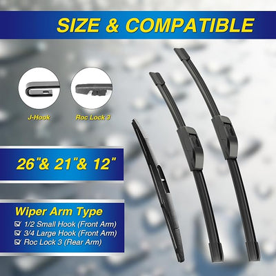 5 PLUS® Silicone Windshield Wipers Replacement for 2007 2008 2009 2010 2011 2012 2013 Acura MDX Wiper Blades(Set of 3),Automotive Replacement Windshield Wiper Blades For My Car-26"/21"/12"