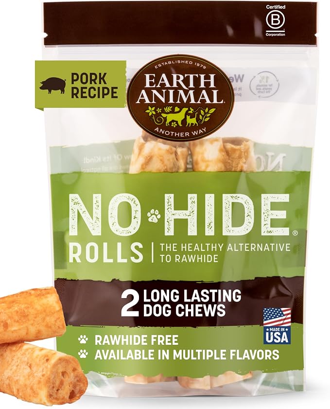 No Hide Chews - Long Lasting Rawhide Free Medium Dog Chews Rolls, Pork - 2 Count