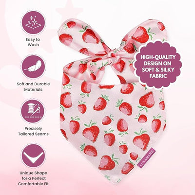 LunaMarie - Luxury Dog Bandanas - Cute Unique Designs | Premium & Silky Poly Fabric | 100% Handmade Custom Shape Dual Layered Small, Medium, Large Cat Scarf (Strawberry, Small)