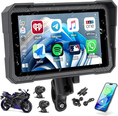 5" Motorcycle Carplay Screen with Dual Dash Cam – Wireless Apple Carplay & Android Auto, 1080P Front & Rear HD Camera, Bluetooth, IP67 Waterproof, Voice Control (Siri/Google)
