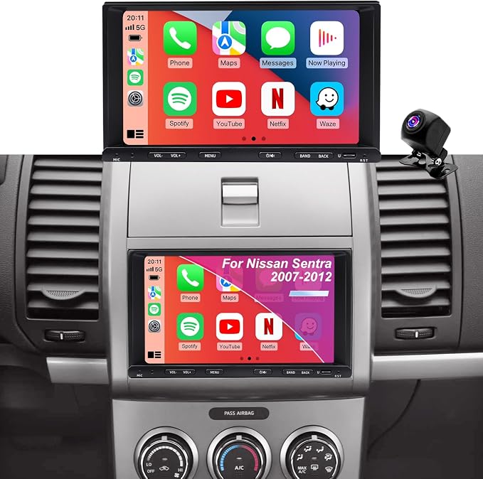 Car Radio for Nissan Sentra 2007-2012, Versa 2007-2014, 350Z 2003-2009, NV200 2009-2017, Pathfinder 1994-2007, 7 Inch Touchscree Head Unit Stereo, Carplay Android Auto GPS FM BT WiFi SWC Backup Camera