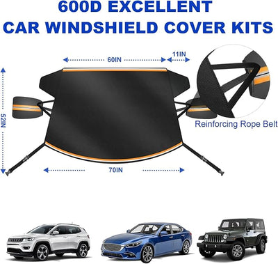 Car Windshield Cover for Snow and Ice, Car Windshield Snow Cover Kit with Side Mirror Cover, 600D Frost Guard Windshield Cover, Winter Frost Hail Protector for Sedan Truck SUV and MPV