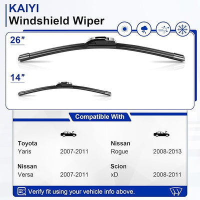 KAIYI 26" + 14" Windshield Wipers Compatible with Toyota Yaris 2007-2011,Nissan Versa 2007-2011,Rogue 2008-2013,Scion xD 2008-2011 Premium Automotive Replacement Windshield Wiper Blades 2 Pack