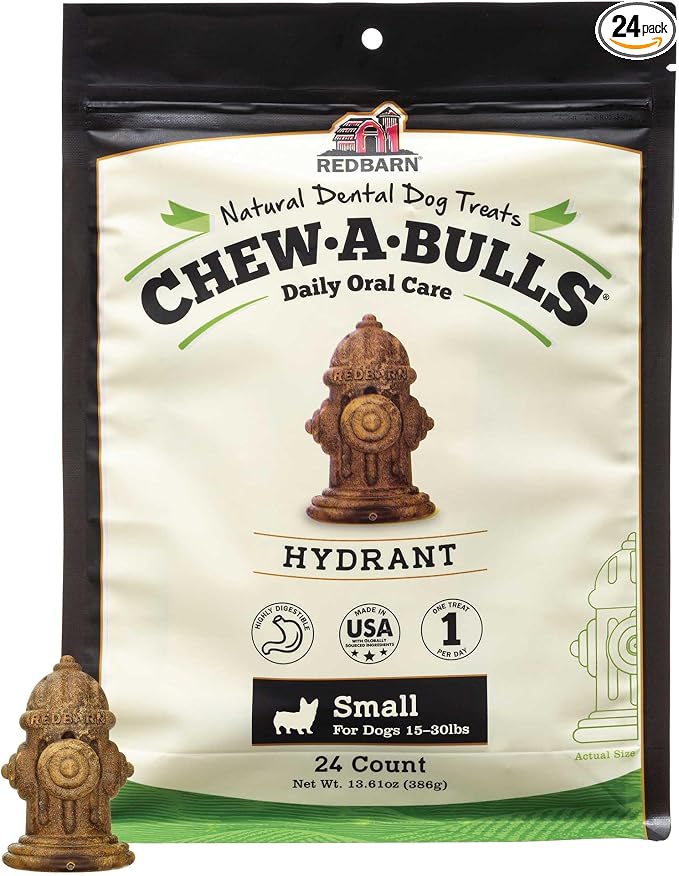 Chew-A-Bulls, 24 Pack – Small Hydrant Shape Dog Dental Treats – Daily Oral Care with Fun Ridges & Grooves, All Natural Ingredients, Highly Digestible Chews & Low in Fat