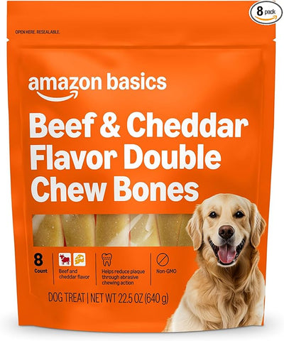 Amazon Basics Double Chew Bone Dog Treats, Beef and Cheddar - 8 Count, 1 Pack