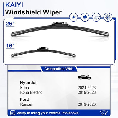 KAIYI 26" + 16" Windshield Wipers Compatible with Hyundai Kona 2021-2023,Kona Electric 2019-2023,Ford Ranger 2019-2023 Premium Automotive Replacement Windshield Wiper Blades 2 Pack
