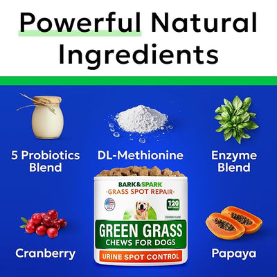 BARK&SPARK Green Grass Chews - Pee Grass Spot Saver Caused by Dog Urine - Urine Neutralizer for Lawn, Gut Health Probiotics & Digestive Enzymes,Lawn Burn from Dog Urine, Grass Burn Spot Chews (240Ct)