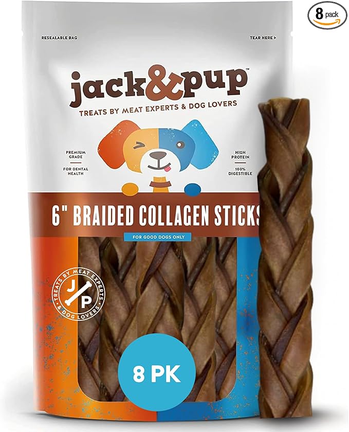 Jack&Pup 6" Braided Beef Collagen Sticks for Dogs | Rawhide Free Dog Chews Long Lasting | Single Ingredient Healthy Dog Treats for Medium Dogs | Bully Stick Alternative (8 Pack)