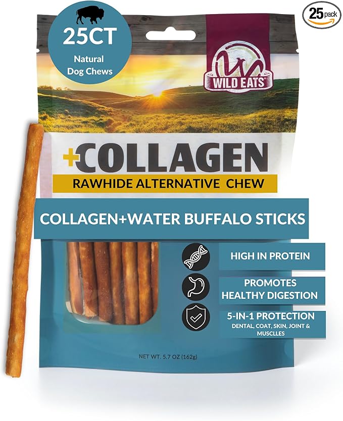 Water Buffalo Collagen Sticks for Dogs (25 Pack, 0.6 cm Wide) Long Lasting Dog Chews, No Hide Dog Treat Bully Stick Alternative, Rawhide Free, Grain Free, High Protein
