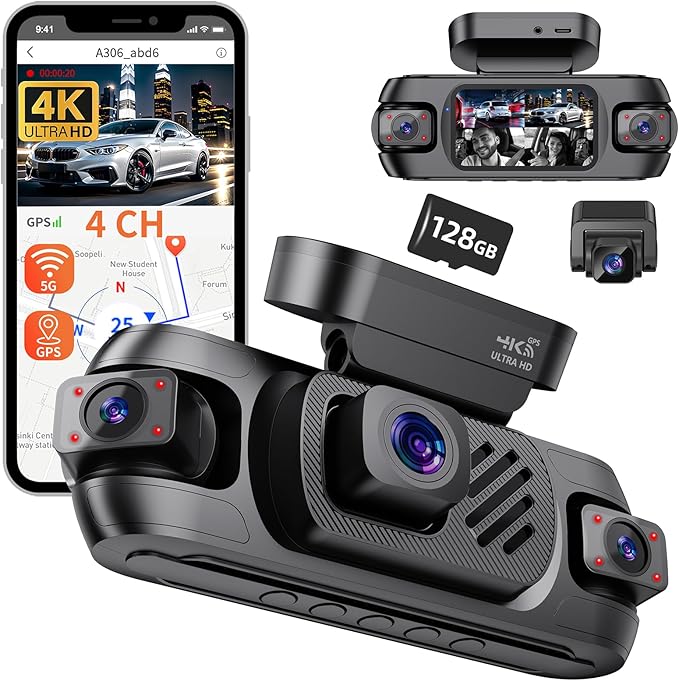 4 Channel Dash Cam Front and Rear 4K 360°View Dash Camera for Cars with GPS, G-Sensor, 5G WiFi, Loop Recording, App Control, 8 Lamps IR Night Vision, 24/7 Parking Mode, 128G Card