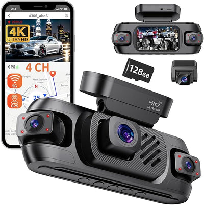 4 Channel Dash Cam Front and Rear 4K 360°View Dash Camera for Cars with GPS, G-Sensor, 5G WiFi, Loop Recording, App Control, 8 Lamps IR Night Vision, 24/7 Parking Mode, 128G Card