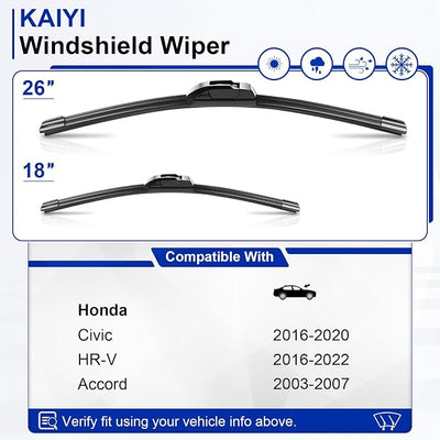 KAIYI 26" + 18" Windshield Wipers Compatible with Honda Civic 2016-2020,HR-V 2016-2022,Accord 2003-2007 Premium Automotive Replacement Windshield Wiper Blades 2 Pack