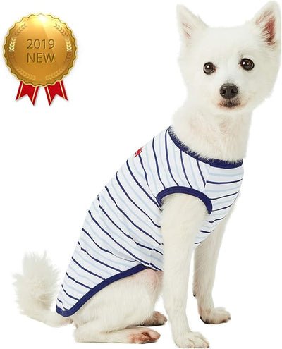 Blueberry Pet Soft & Comfy Summer Vacation Beach Cotton Dog T-Shirts, 2 Pack, Sea Lover Navy Sailor Shirts Tank Top Clothes, Back Length 14", for Small Medium Dogs