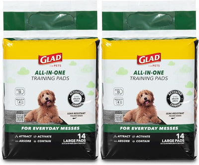 Glad for Pets Black Charcoal Puppy Pads, 23 x 23 Inch, 6-Layer Leak-Resistant Design, Activated Carbon Odor Control, Pheromone Attractant for Potty Training, 14 Count - 2 Pack