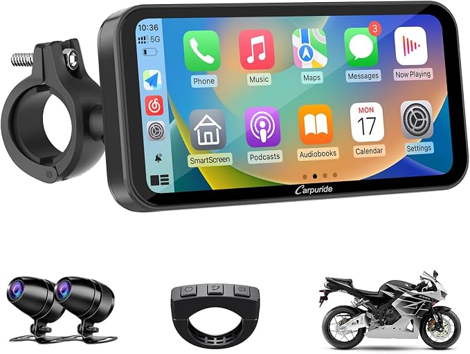 Carpuride W603D Motorcycle GPS Carplay Screen, Wireless CarPlay & Android Auto for Moto, with HD 1080P Dual Cameras, Remote Control，6.3" Waterproof Touchscreen, BT Aduio, Loop