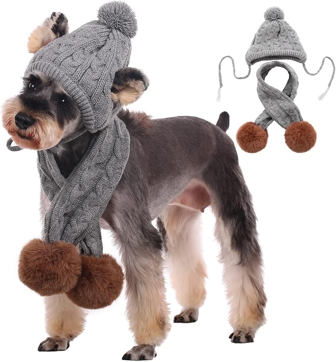 Kuoser Dog Winter Hat & Scarf Set, Knitted Hat Pet Christmas Winter Warm Caps Cute Accessories Neck Ear Warmer Hood Warm Scarf Party Decoration for Cat and Dog Grey