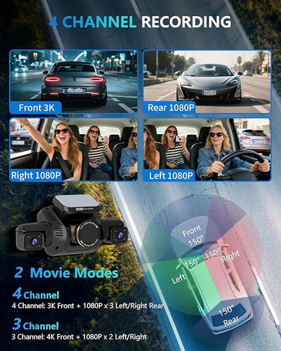 HUPEJOS AI Dash Cam Front Rear Inside with Driver Monitor System, 360° Car Camera 4K, 4 Channel Camera for Cars, WiFi GPS, Dashcam 64GB SD Card, Night Vision, 24H Parking Mode, Upgrade DMS V8Plus