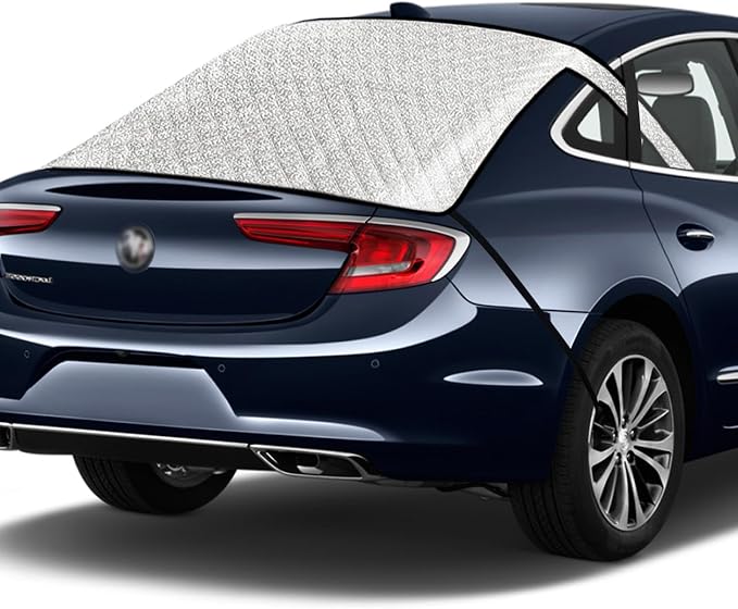 IC ICLOVER Car Rear Windshield Cover, 4-Layer Waterproof Back Window Protector for Ice and Snow Sun UV Rays Dust, Winter Hail Frost Shield, with Windproof Strap - Fits Most Sedans, SUV | Medium