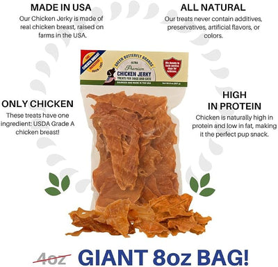 Chicken Jerky - Dog Treats Made in USA Only - 1 Ingredient: USDA Grade A Chicken Breast - No Additives or Preservatives - Grain Free Snack, All Natural Premium Strips, 8 Ounces