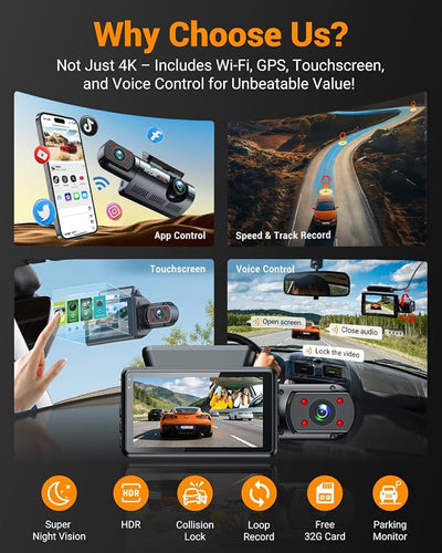 4K Dual Dash Cam with WiFi GPS, Voice Control, 4K+1080P Front and Inside Car Camera, UHD Night Vision, Dash Camera for Cars with 3" IPS Touch Screen, 24H Parking Mode, G-Sensor, 32GB Card