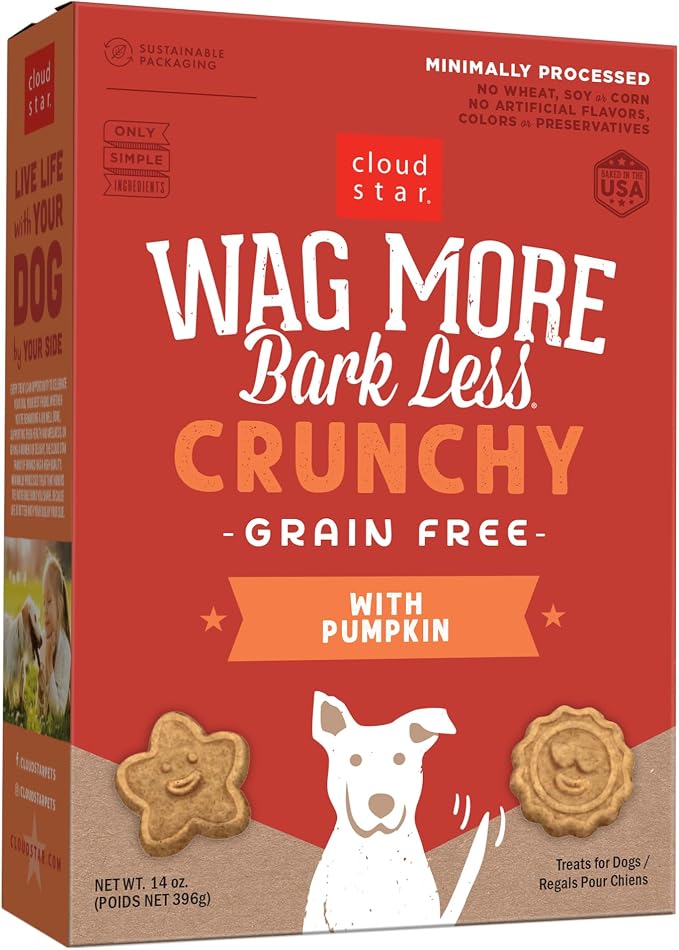 Wag More Bark Less - Dog Treats - Crunchy Biscuits - Grain Free Pumpkin - 14 oz Box