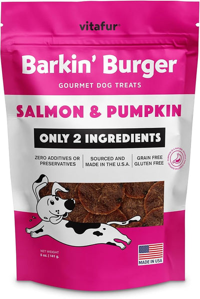 Barkin Burger Salmon & Pumpkin Dog Treats – Limited Ingredient Recipe, Digestive Support, High Omega for Skin & Coat, Sensitive Stomach Friendly, Picky Eater Approved