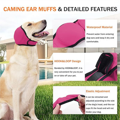 SEIS Calming Dog Ears Cover, Swimming Waterproof Pet Ear Caps, Large Dog Shower Cap for Ear Protection for Bath for Grooming (Pink, L (Head Circumference 18"-24"))