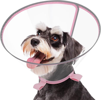 Clear Dog Cone for Small Dogs After Surgery, Adjustable E-Collar to Stop Licking with Padded Neck for Mini Schnauzer, Soft Recovery Collar with Reflective Trim for Night Visibility, Pink S