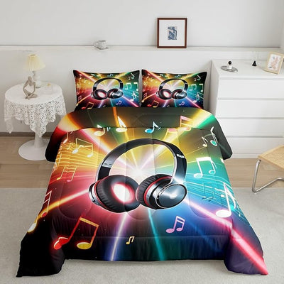 Erosebridal Headphone Comforter Set, Musical Note Hipster Bedding Set for Kids Boys Girls Teens, Rock Hip Hop Grunge Style Duvet Set Headset Bling Bedding Comforters Bedroom Decor, Queen Size
