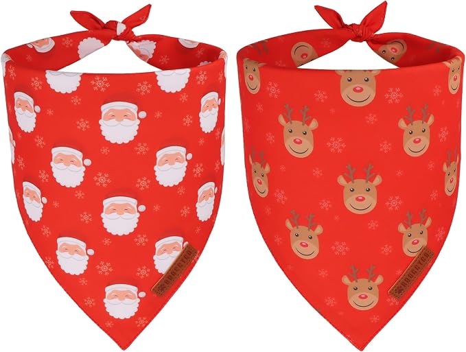 ADOGGYGO Red Christmas Dog Bandanas, Santa Reindeer Print Pet Scarf, Premium Durable Fabric, Red Christmas Bandanas for Small Dogs (Small)