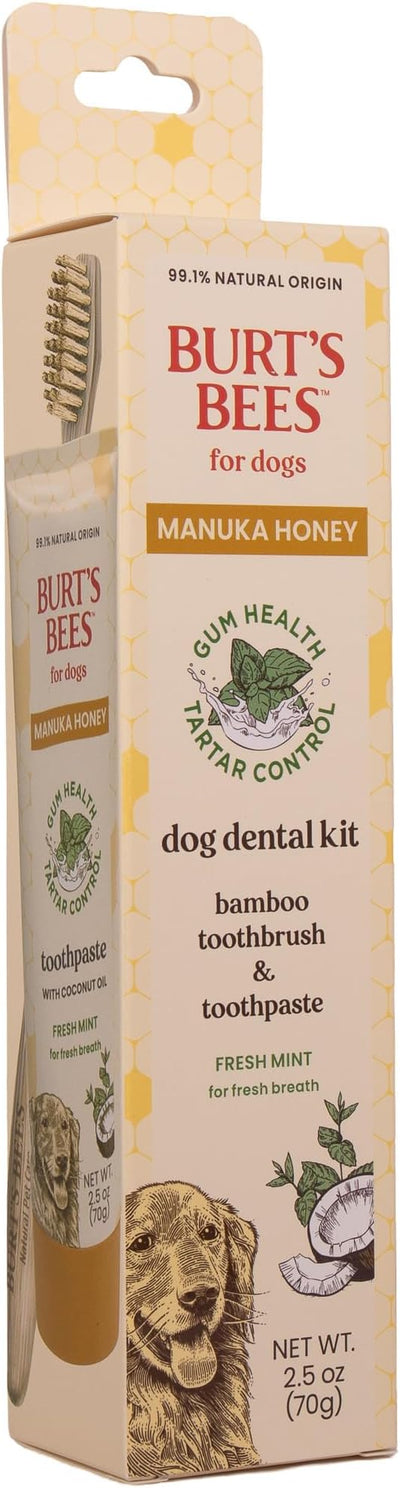 Burt's Bees for Pets Fresh Mint Dog Dental Kit with Bamboo Toothbrush & Dog Toothpaste, Manuka Honey & Coconut Oil for Gum Health, Tartar Control, 99.1% Natural Origin Formula, 2.5 Oz