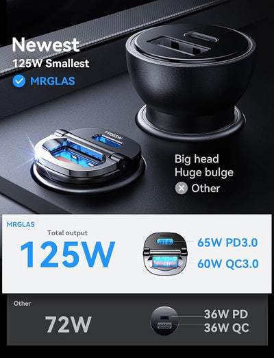 【Upgraded】 125W Car Charger USB C Super Fast Charging, [PD65W & QC60W][All Metal] MRGLAS Cigarette Lighter Car Charger, Car Electrical Accessories for iPhone 17 Pro Max iPad Samsung S26 S25 Pixel 10