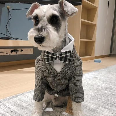 Dog Clothes Pet Plaid Suit Dog Tuxedo Costumes, Formal Gentleman Apparel Vest, Wedding Party Birthday Wear French Bulldog Pug Teddy Terrier (L, Brown Coat)