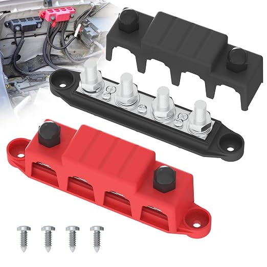 Bus Bar 250A 12V Power Distribution Block with 3/8" (M10) 4-Posts Terminals Block with Cover for Automotive, Marine, Battery System (Black & Red)