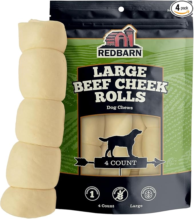 Pet Products All-Natural Large Beef Cheek Rolls for Dogs, Uncoated - Single Ingredient Grain-Free Chew Treat Naturally Rich in Collagen - No Artificial Preservatives - Pack of 4