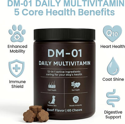 DM-01 Daily Multivitamin, Multivitamin Itch Relief Chews for Dog, with Folic Acid, Salmon Oil, Chondroitin & Natural Vitamins, Skin and Coat Healthy, Digestive & Boost Immunity, 60 Chews (Beef)