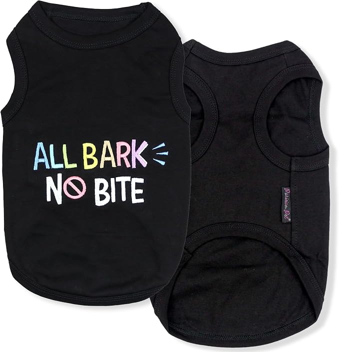 Parisian Pet Dog Shirt – 100% Cotton Shirts for Small Dogs - Black Sleeveless Puppy Vest – All Bark No Bite Pet Apparel – Breathable Pullover Summer Dog Clothes - Stretchy Funny T Shirts for Dogs
