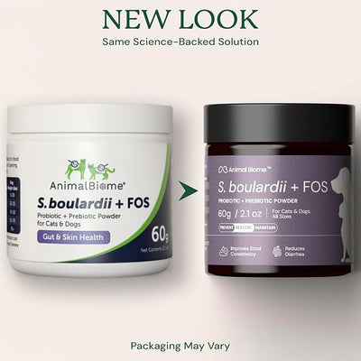 Animal Biome S. Boulardii + FOS Powder Probiotics for Dogs & Cats 60g (100 Scoops), Saccharomyces Boulardii Dog Probiotic + Prebiotic for Gut Health, Loose Stool, Sensitive Stomach Microbiome Support