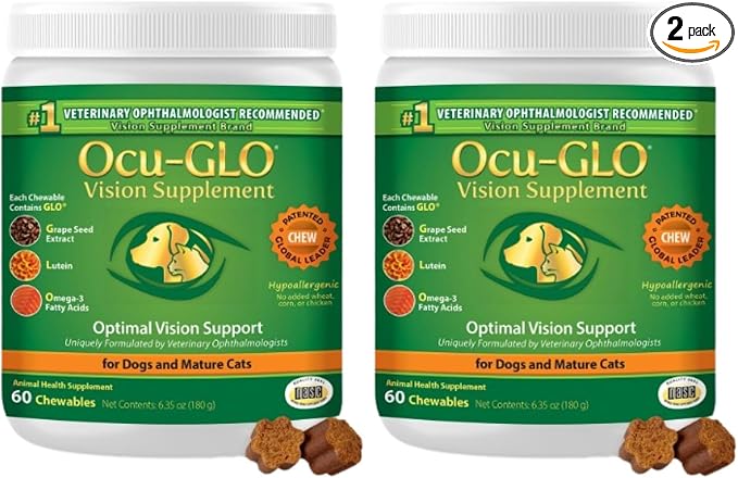 Cat & Dog Supplement for Eye Support - Chewable Vision Vitamins Supplements for Large and Small Pets Care with Lutein, Omega-3 Fatty Acids, Grape Seed Extract & Antioxidants (Pack of 2)