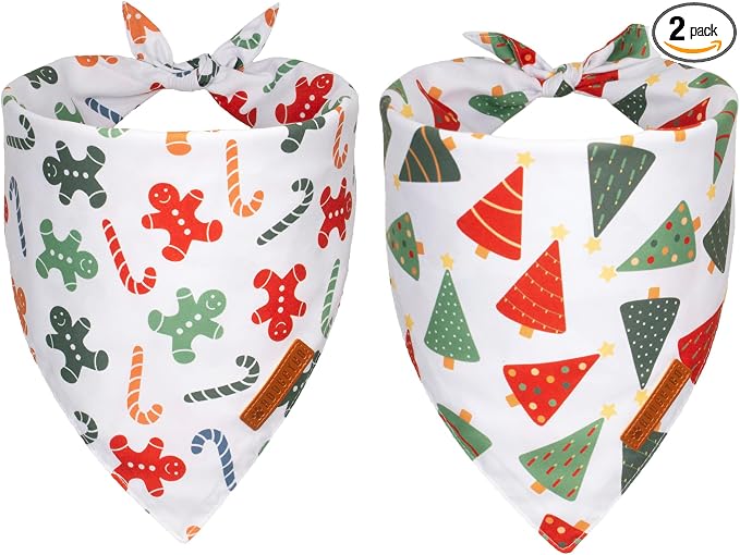 Christmas Dog Bandanas, Xmas Tree Candy Scarf, Premium Durable Fabric, White Christmas Bandanas for Medium Large Dogs Pets (Large)