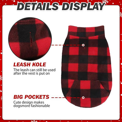 KOOLTAIL Small Dog Winter Jacket, Pet Vest Sweater with Pocket and Leash Hole, Windproof Cold Weather Dog Coats for Boys and Girls, Christmas Red Plaid